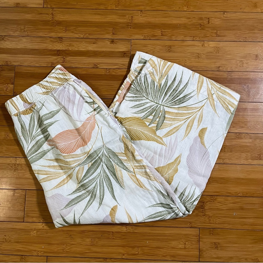 Tahari 100% Linen Tropical Leaf Print Pastel Wide Leg Crop Casual Pants - Picture 10 of 10